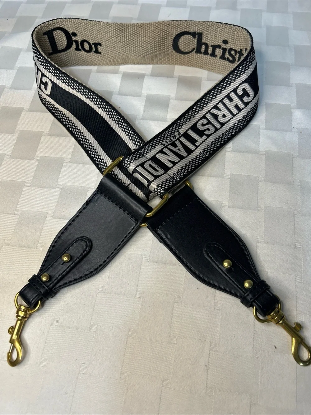 Dior Black and Cream Woven Logo Bag Strap with Gold Hardware